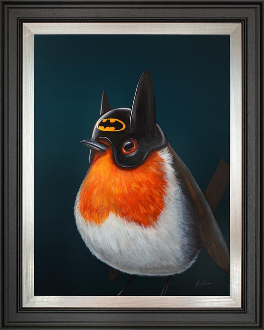 Angus Gardner Nobodys Sidekick framed print showing a robin wearing a batman mask. Available from The Acorn Gallery, Pocklington.
