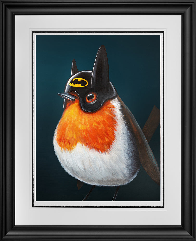 Angus Gardner Nobodys Sidekick framed print showing a robin wearing a batman mask. Available at The Acorn Gallery, Pocklington.