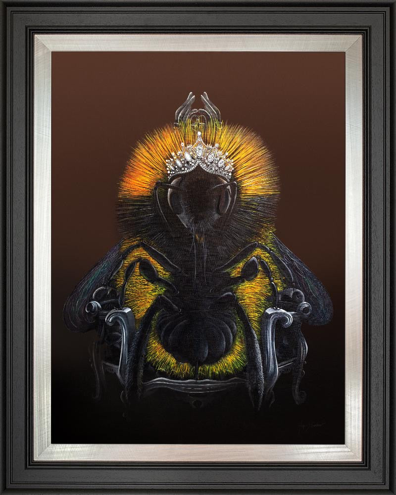 Queen Bee limited editon print showing her with a gorgeous tiara and sitting on a magnificent six-armed throne, artwork by Angus Gardner at The Acorn Gallery, Pocklington