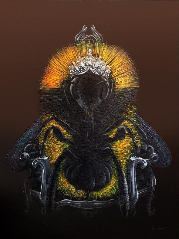 Queen Bee Original painting with a gorgeous tiara and sitting on a magnificent six-armed throne, artwork by Angus Gardner at The Acorn Gallery, Pocklington