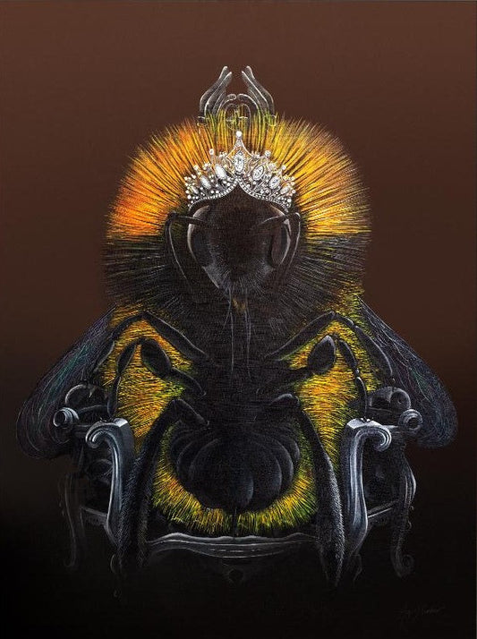 Queen Bee Original painting with a gorgeous tiara and sitting on a magnificent six-armed throne, artwork by Angus Gardner at The Acorn Gallery, Pocklington