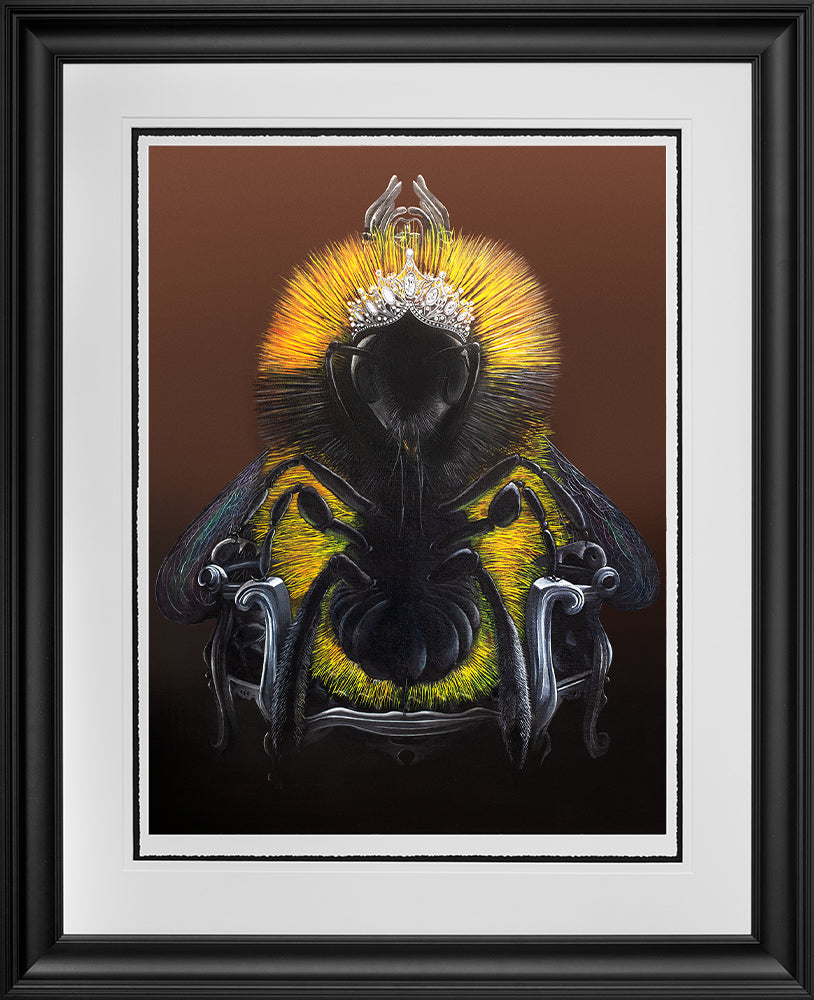 Queen Bee limited editon print showing her with a gorgeous tiara and sitting on a magnificent six-armed throne, artwork by Angus Gardner at The Acorn Gallery, Pocklington