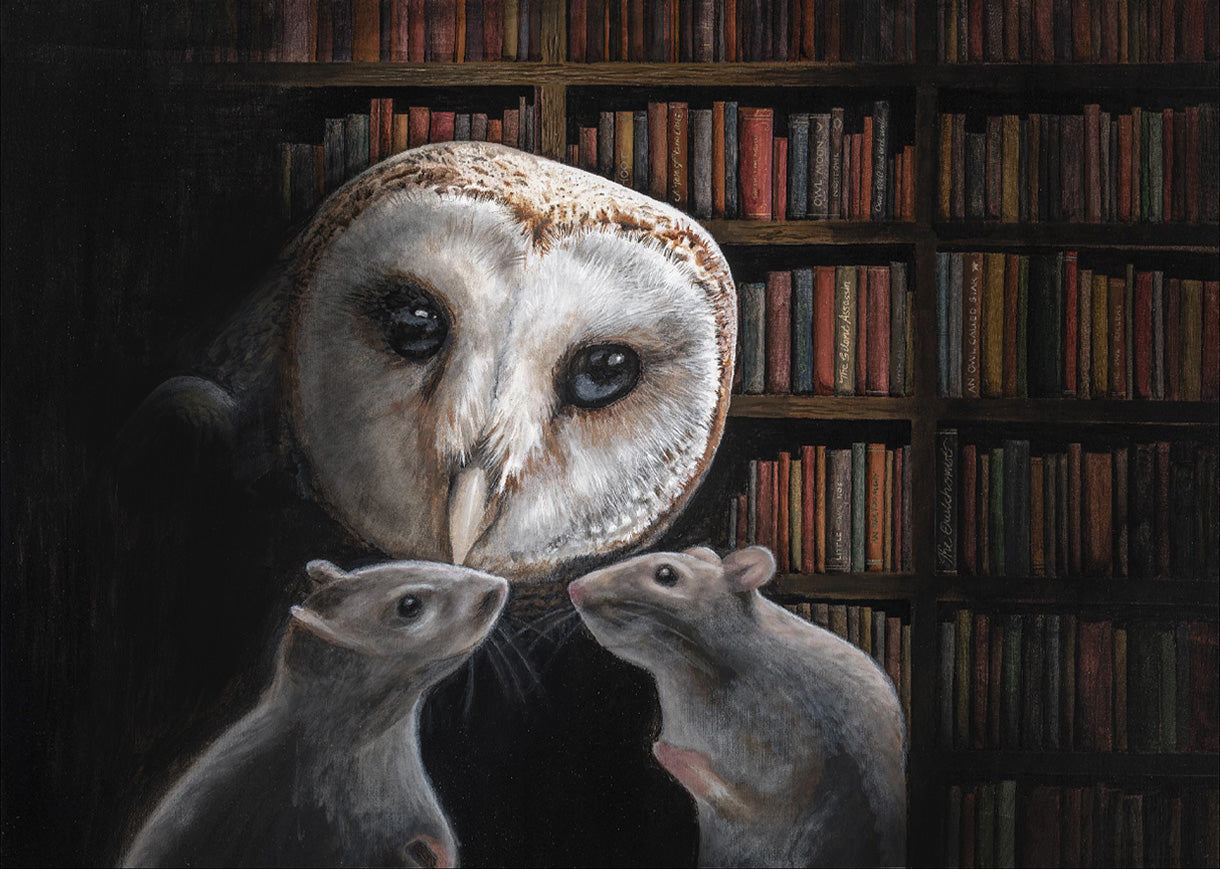 Angus Gardner The Silent Assassin Original painting showing a barn owl creeping up on two mice in a library. Established Gallery. Visit Us or Shop Online. Call 01759 307652.