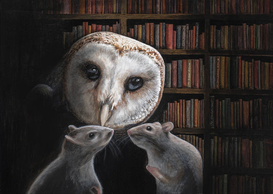 Angus Gardner The Silent Assassin Original painting showing a barn owl creeping up on two mice in a library. Established Gallery. Visit Us or Shop Online. Call 01759 307652.