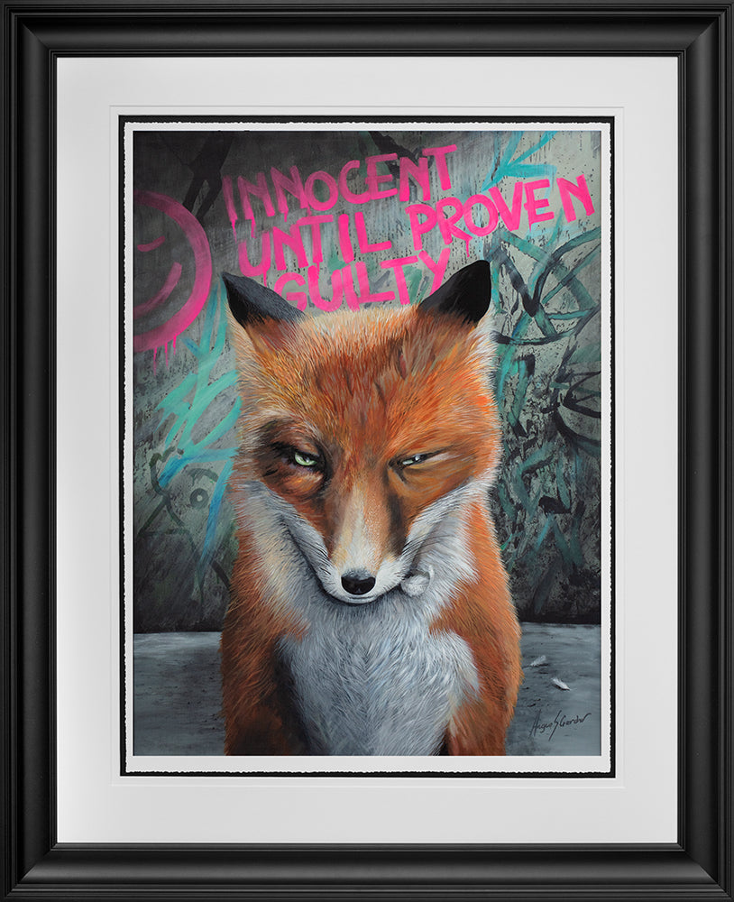 This gorgeous winking fox by Angus Gardner knows he is Innocent Until Proven Guilty. Buy the original and prints at The Acorn Gallery in Pocklington. Shop online or call 01759 307652. Delivery available.