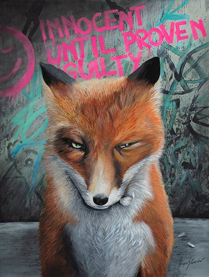 This gorgeous winking fox by Angus Gardner knows he is Innocent Until Proven Guilty. Buy the original and prints at The Acorn Gallery in Pocklington. Shop online or call 01759 307652. Delivery available.