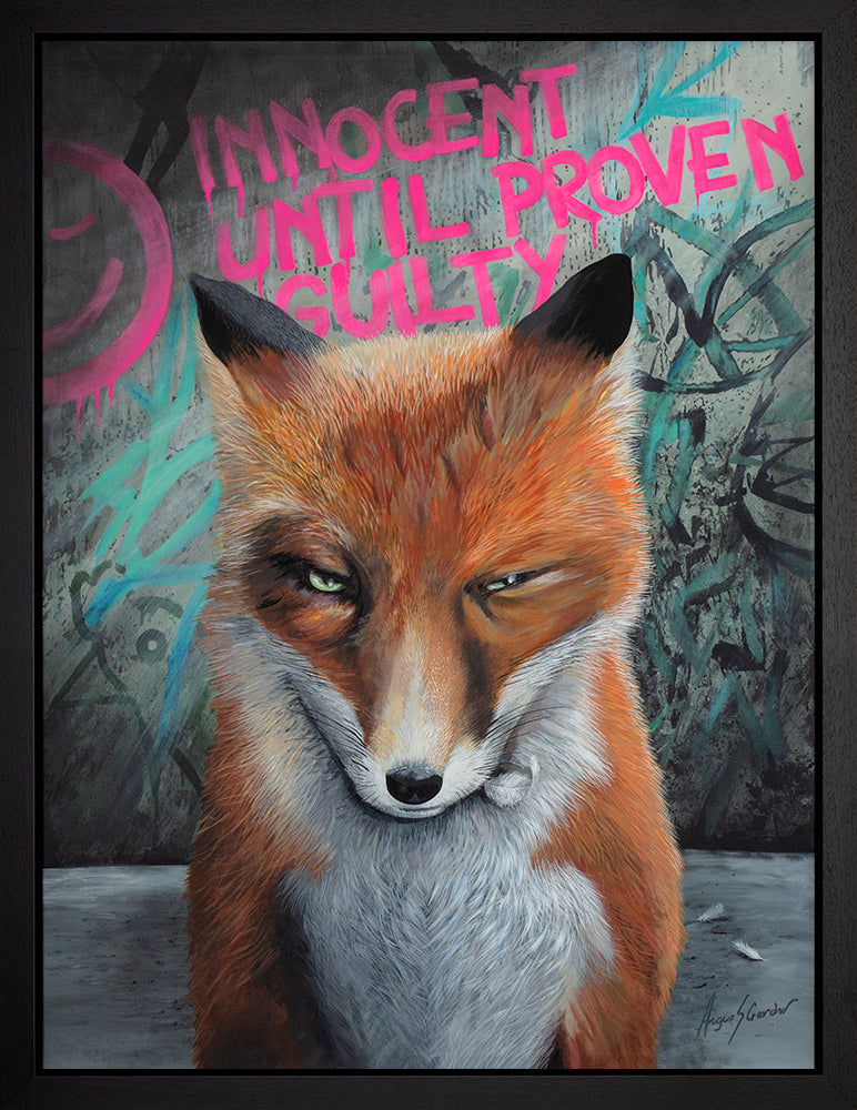 This gorgeous winking fox by Angus Gardner knows he is Innocent Until Proven Guilty. Buy the original and prints at The Acorn Gallery in Pocklington. Shop online or call 01759 307652. Delivery available.