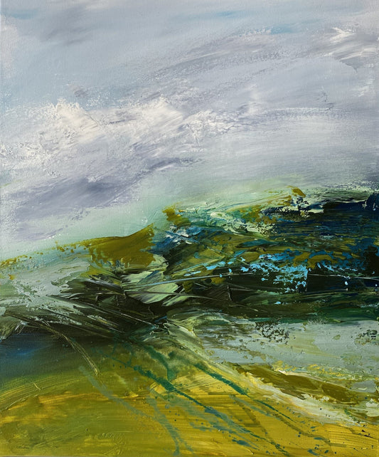 Abstract painting with green and blue hues. Art by Ali Kippax at The Acorn Gallery in Pocklington. Call 01759 307652.