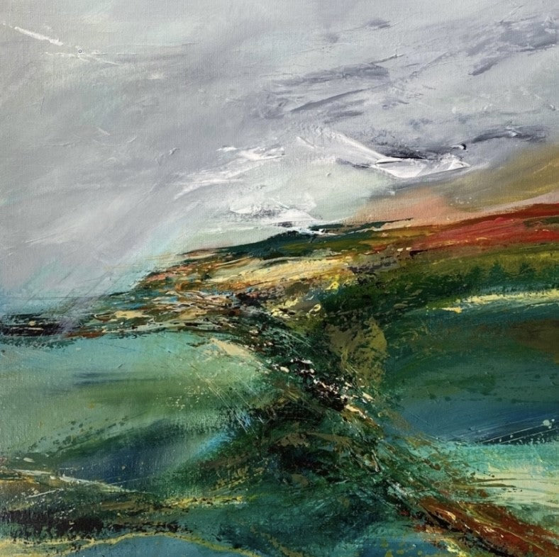 Abstract painting with a mix of green, blue and gray colors. Art by Ali Kippax at The Acorn Gallery in Pocklington. Call 01759 307652.