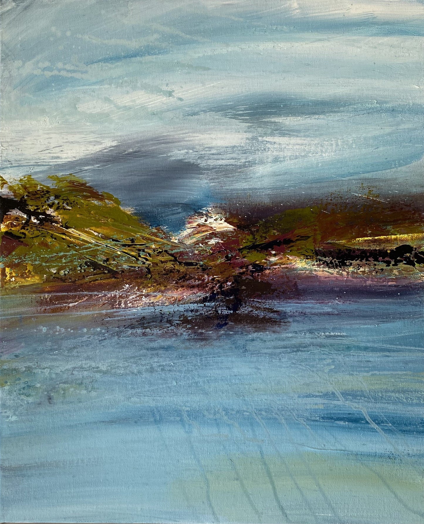 Abstract landscape painting with blue and purple tones. Original painting by Ali Kippax at The Acorn Gallery in Pocklington. Call 01759 307652.