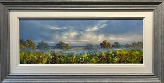 Beautiful original landscape painting of a summer scene by artist Allan Morgan featuring blue fields. Available at The Acorn gallery in Pocklington. Call 01759 307652.