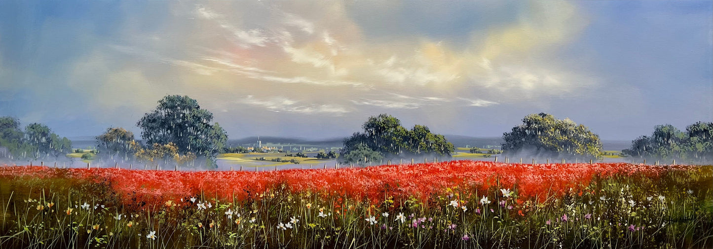 Beautiful original landscape painting of a summer scene by artist Allan Morgan featuring red poppy fields. Available at The Acorn gallery in Pocklington. Call 01759 307652.