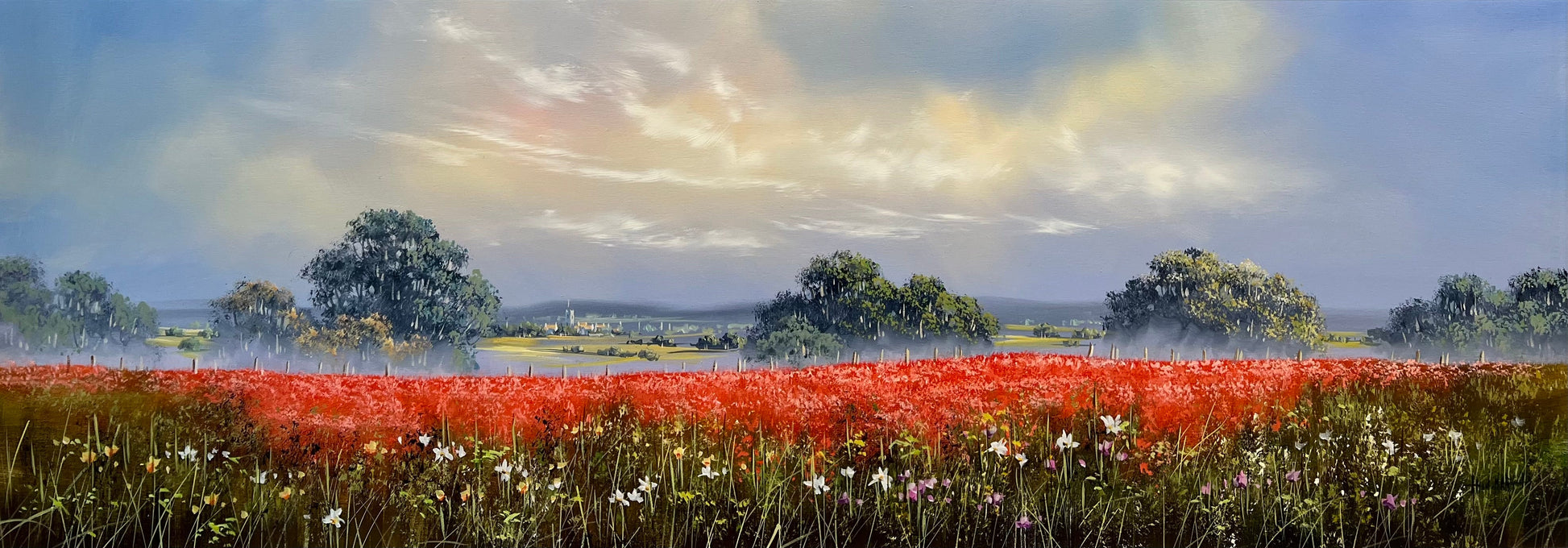 Beautiful original landscape painting of a summer scene by artist Allan Morgan featuring red poppy fields. Available at The Acorn gallery in Pocklington. Call 01759 307652.
