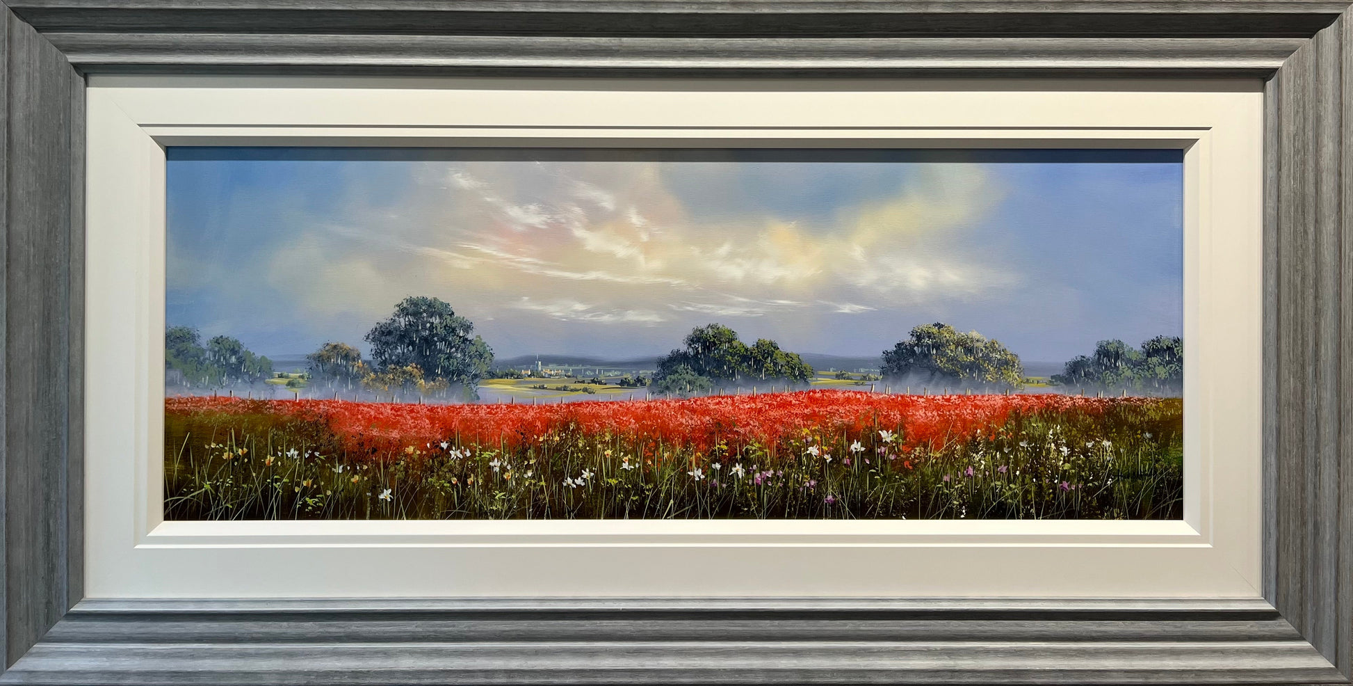 Beautiful original landscape painting of a summer scene by artist Allan Morgan featuring red poppy fields. Available at The Acorn gallery in Pocklington. Call 01759 307652.