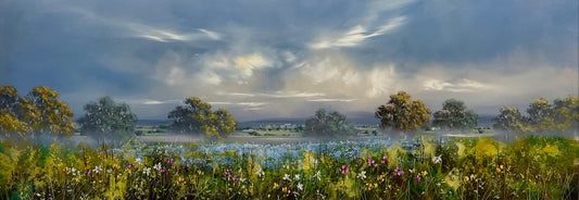 Beautiful original landscape painting of a summer scene by artist Allan Morgan featuring blue fields. Available at The Acorn gallery in Pocklington. Call 01759 307652.