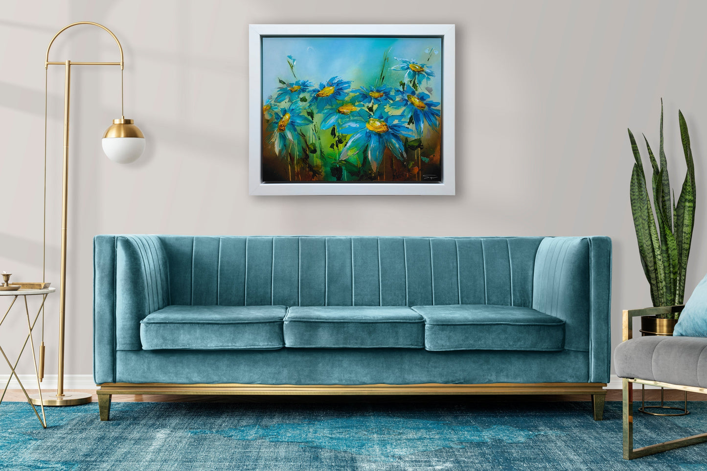 A Stephen Simpson framed original painting of blue flowers, titled Azure Symphony. Availableat The Acorn Gallery, Pocklington. Shop online or call us on 01759 307652.