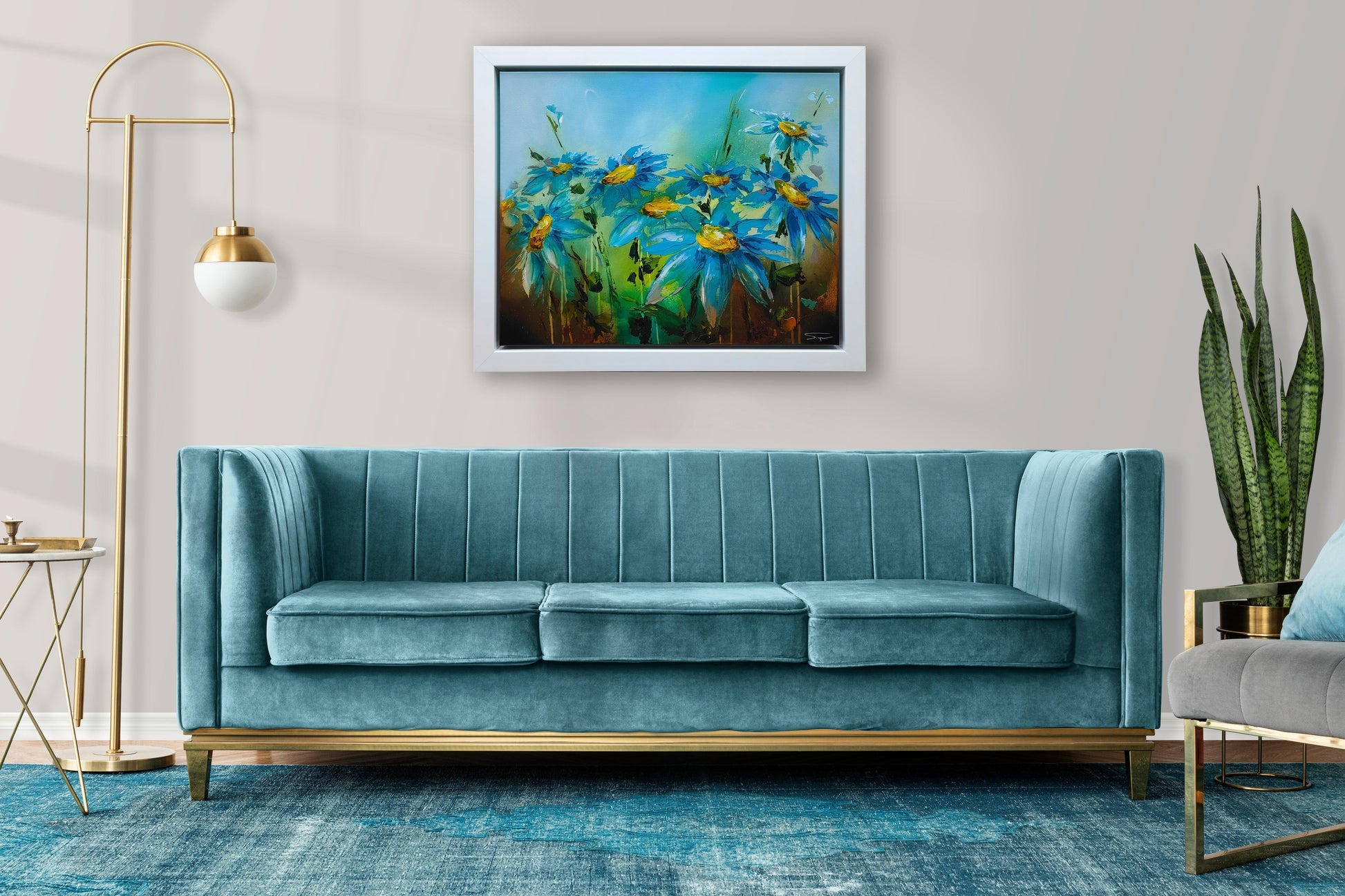 A Stephen Simpson framed original painting of blue flowers, titled Azure Symphony. Availableat The Acorn Gallery, Pocklington. Shop online or call us on 01759 307652.