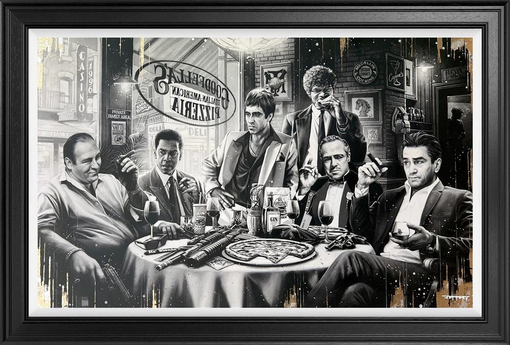 Framed monotone artwork of a group of maffia style charcaters sitting around a table in a Goodfellas bar, smoking cigars and eating pizza. Artwork by Ben Jeffery at The Acorn Gallery. Call 01759 308762.
