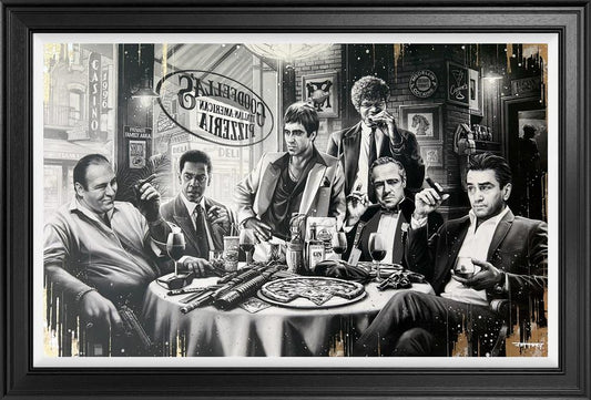 Framed monotone artwork of a group of maffia style charcaters sitting around a table in a Goodfellas bar, smoking cigars and eating pizza. Artwork by Ben Jeffery at The Acorn Gallery. Call 01759 308762.