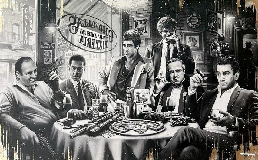 Black and white illustration of men in suits eating pizza and smoking ciagrs around a table in a bar called Goodfellas. Artwork by Ben Jeffery at The Acorn Gallery in Pocklington. Call 01759 307652.