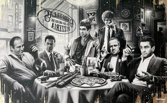 Black and white illustration of men in suits eating pizza and smoking ciagrs around a table in a bar called Goodfellas. Artwork by Ben Jeffery at The Acorn Gallery in Pocklington. Call 01759 307652.