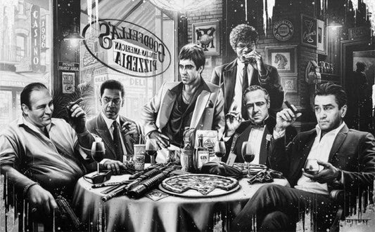 Black and white painted scene of famous actors playing mafia style charcaters, They are smoking cigars and eating pizza. Artwork by Ben Jeffery at The Acorn Gallery in Pocklington. Call 01759 307652.. 