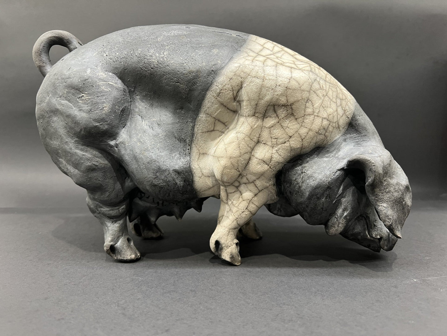 Christine Cummings Studio raku pig Beryl Standing Saddleback ORIGINAL - The Acorn Gallery, Pocklington