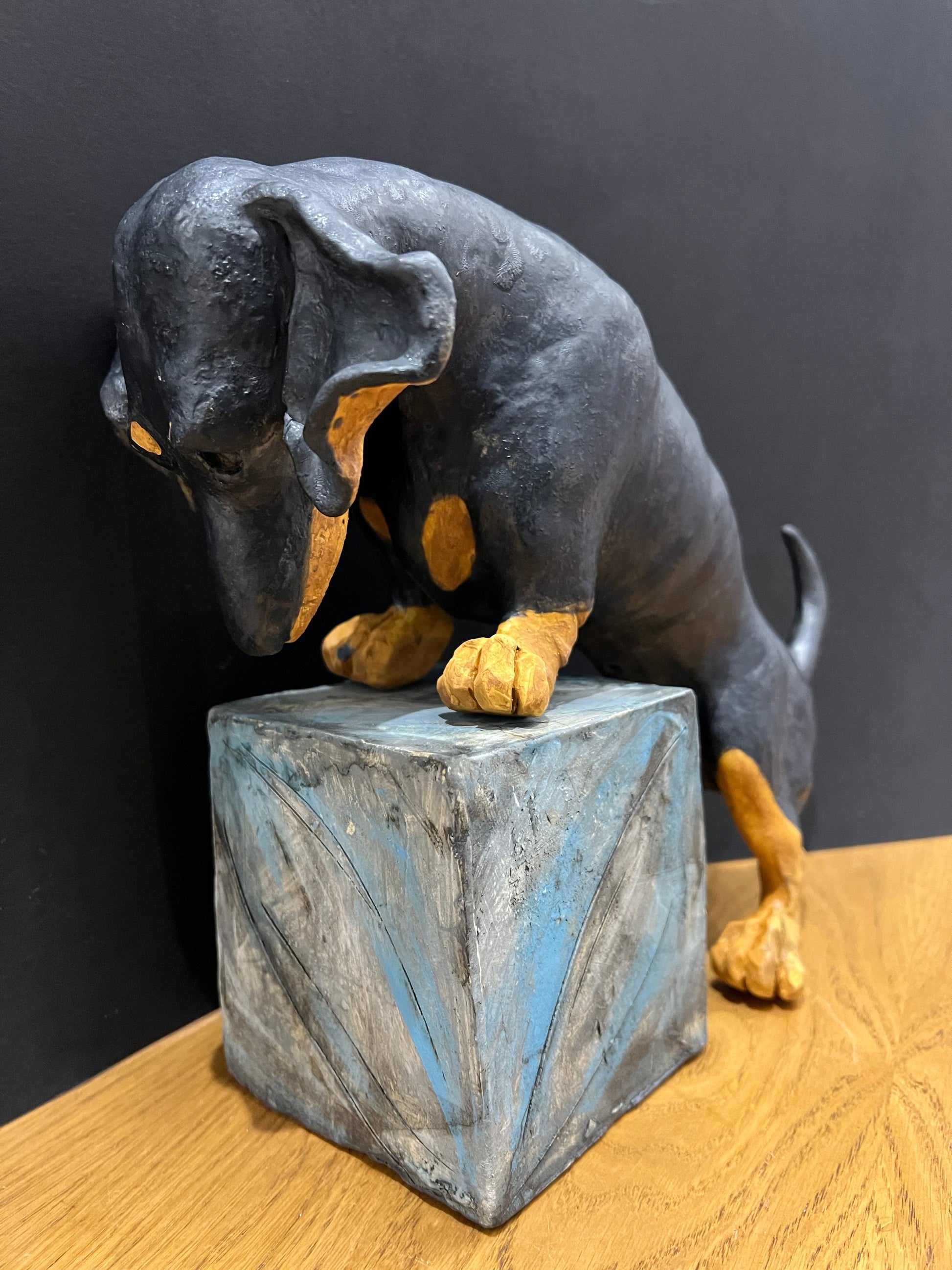 Christine Cummings Studio Dachshund On A Box ORIGINAL - The Acorn Gallery, Pocklington