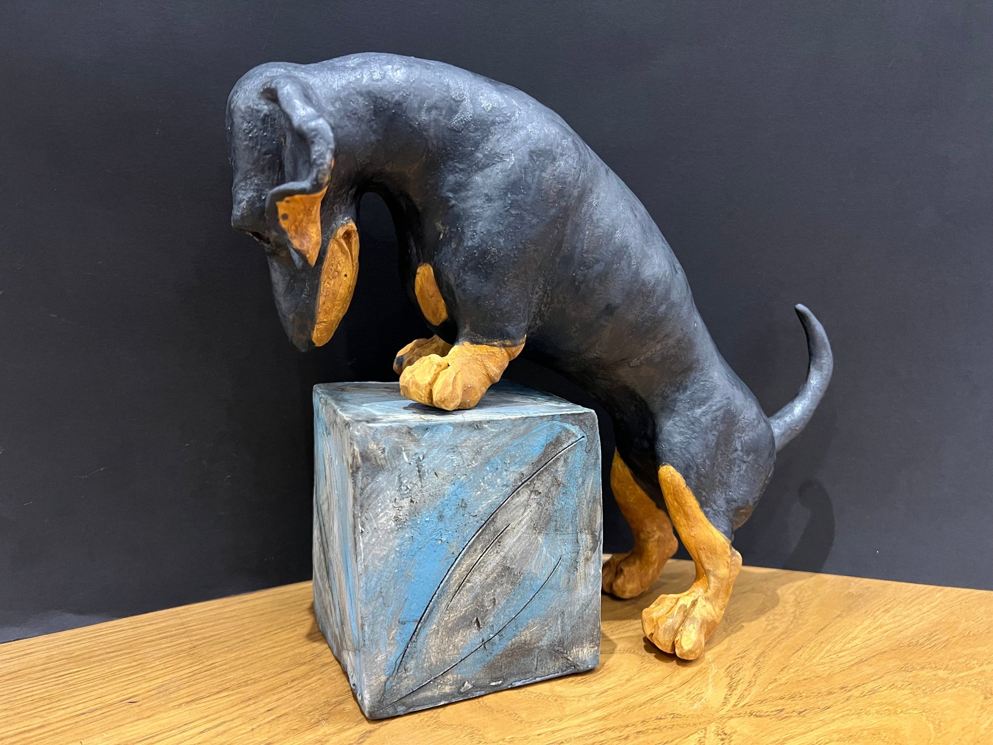 Christine Cummings Studio Dachshund On A Box ORIGINAL - The Acorn Gallery, Pocklington