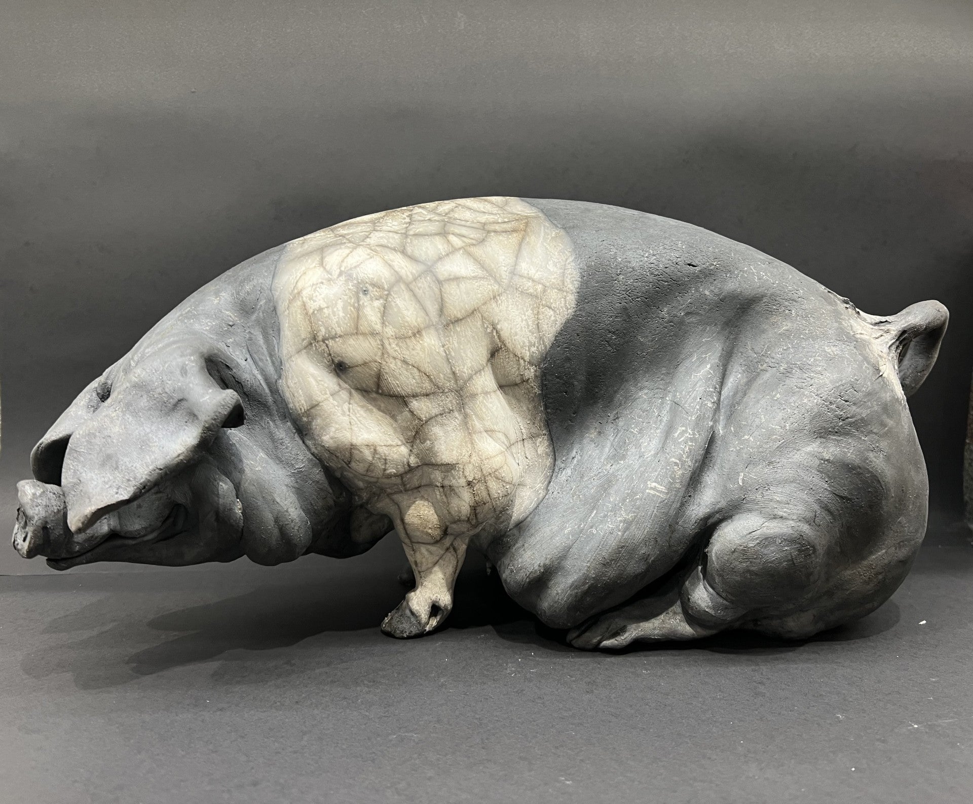 Christine Cummings Studio raku pig Maggie Seated Saddleback ORIGINAL - The Acorn Gallery, Pocklington