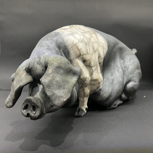 Christine Cummings Studio raku pig Maggie Seated Saddleback ORIGINAL - The Acorn Gallery, Pocklington