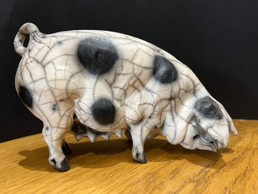 Christine Cummings Studio Mary Raku Gloucester Old Spot Pig ORIGINAL - The Acorn Gallery,Pocklington