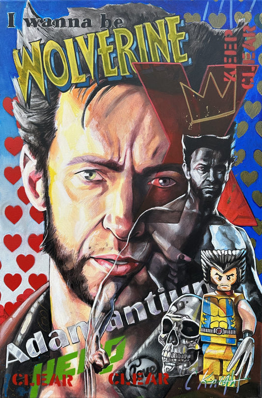 A Craig Knight original painting based on the Marvel Wolverine character. The painting is titled 'I Wanna To Be Wolverine' and is available from The Acorn Gallery in Pocklington. Shop online or call us on 01759 307652. Delivery available.