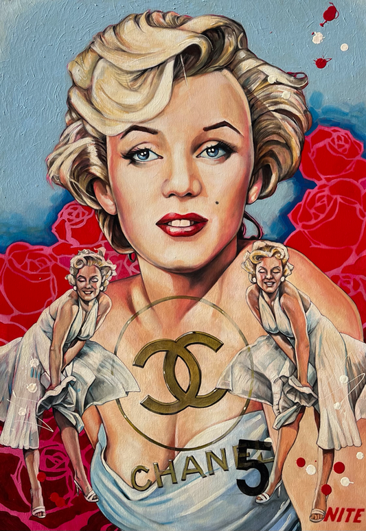 Craig Knight original painting titled Marilyn's Chanel which is available from The Acorn Gallery in Pocklington. Shop Online or call 01759 307652. Delivery available.