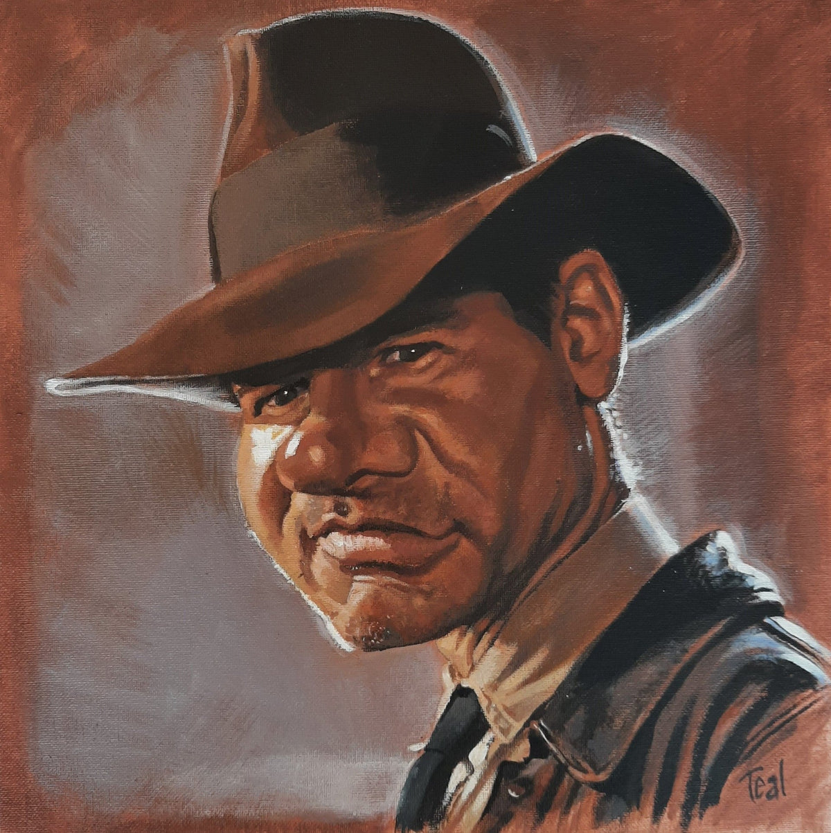 Adrian Teal caricatures are known from Spitting Image TV series and this piece shows Harrison Ford as Indiana Jones. The Original artwork is available from The Acorn Gallery, Pocklington