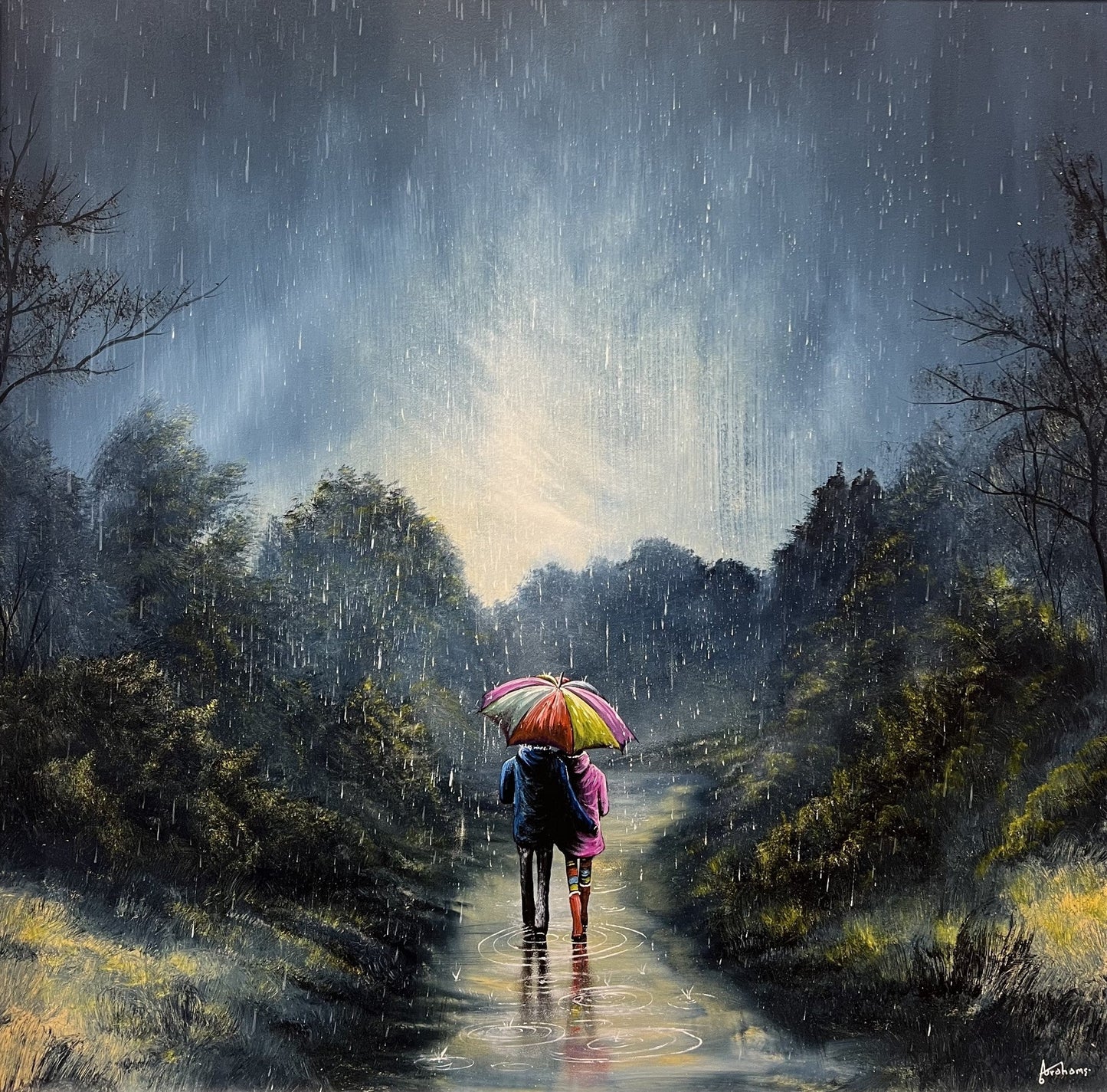 Together Through the Storm is a gorgeous new original painting by Danny Abrahams, showing a couple walking through the rain. Available at The Acorn Gallery in Pocklington. Call 01759 307652.