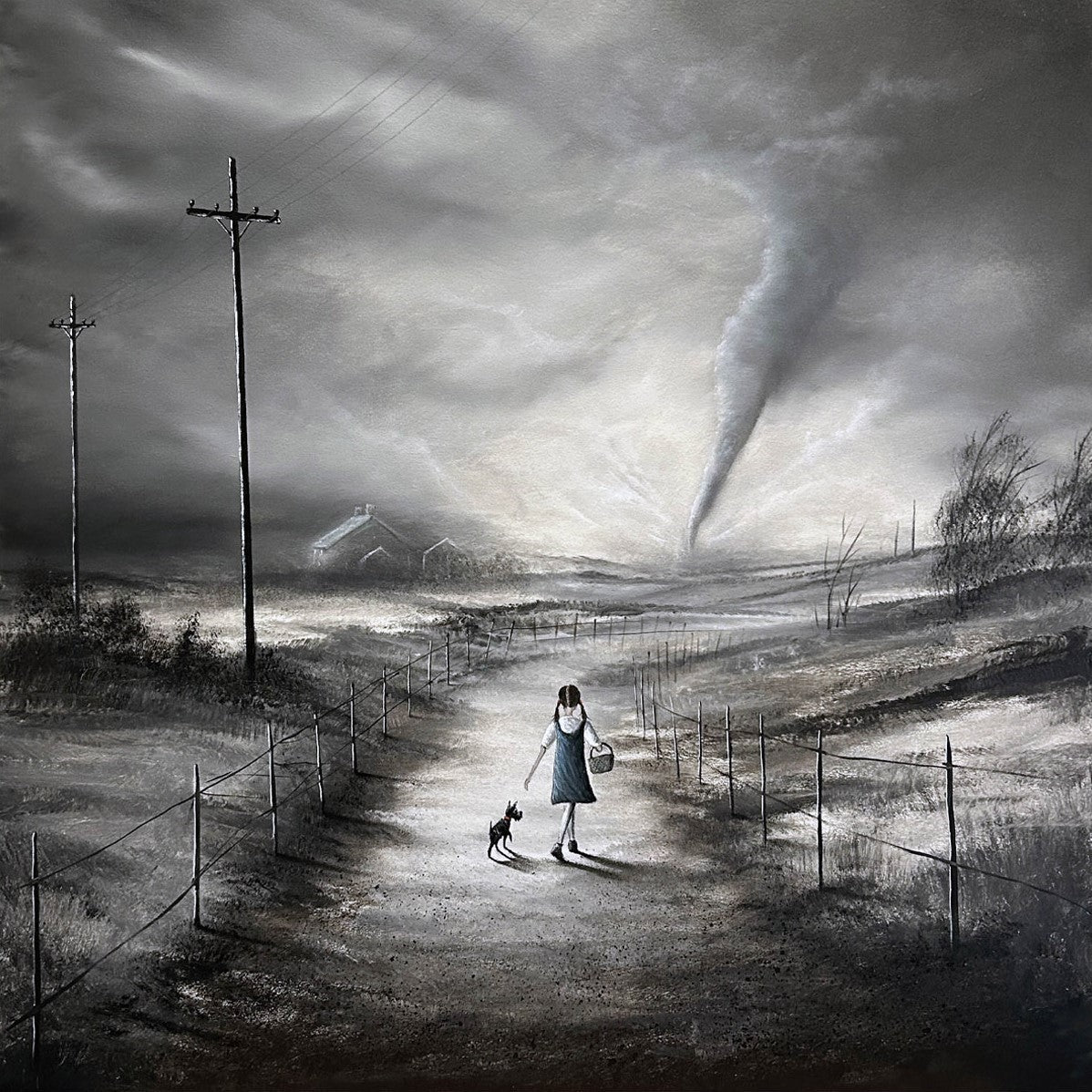 Black and white depiction of the tornado taking Dorothy to oz, titled Whirlwind to Oz framed print by Danny Abrahams from the Wizard of Oz Collection. Available in two sizes from The Acorn Gallery, Pocklington. Visit the gallery or shop online or call us on 01759 307652.