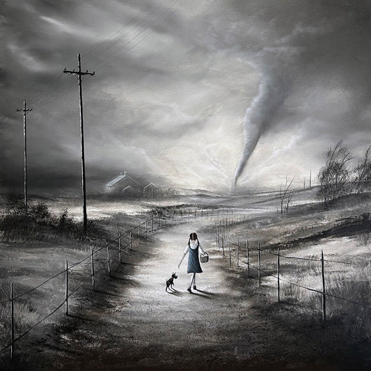 Black and white depiction of the tornado taking Dorothy to oz, titled Whirlwind to Oz framed print by Danny Abrahams from the Wizard of Oz Collection. Available in two sizes from The Acorn Gallery, Pocklington. Visit the gallery or shop online or call us on 01759 307652.