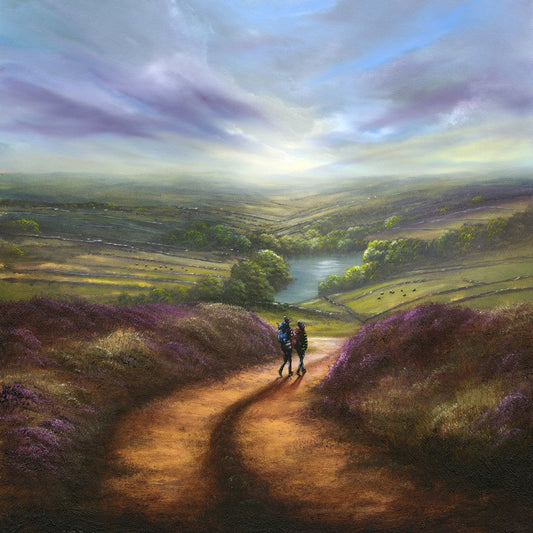 Landscape print by Danny Abrahams featuring a winding golden path, purple heather, rolling green hills, and two walkers beneath a colourful sky.