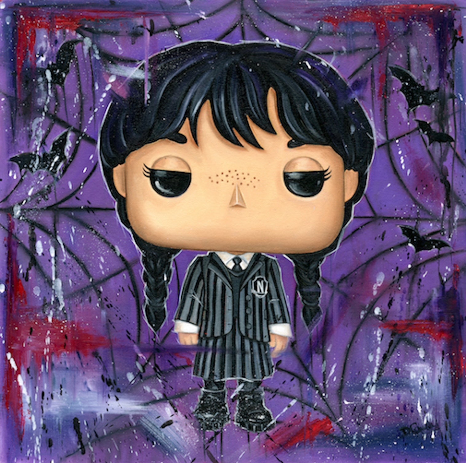 Wednesday Addams Original by Deborah Cauchi at The Acorn Gallery. Brilliant Toy Paintings by this North East artist. Secure UK Delivery. Visit Us or Shop Online.