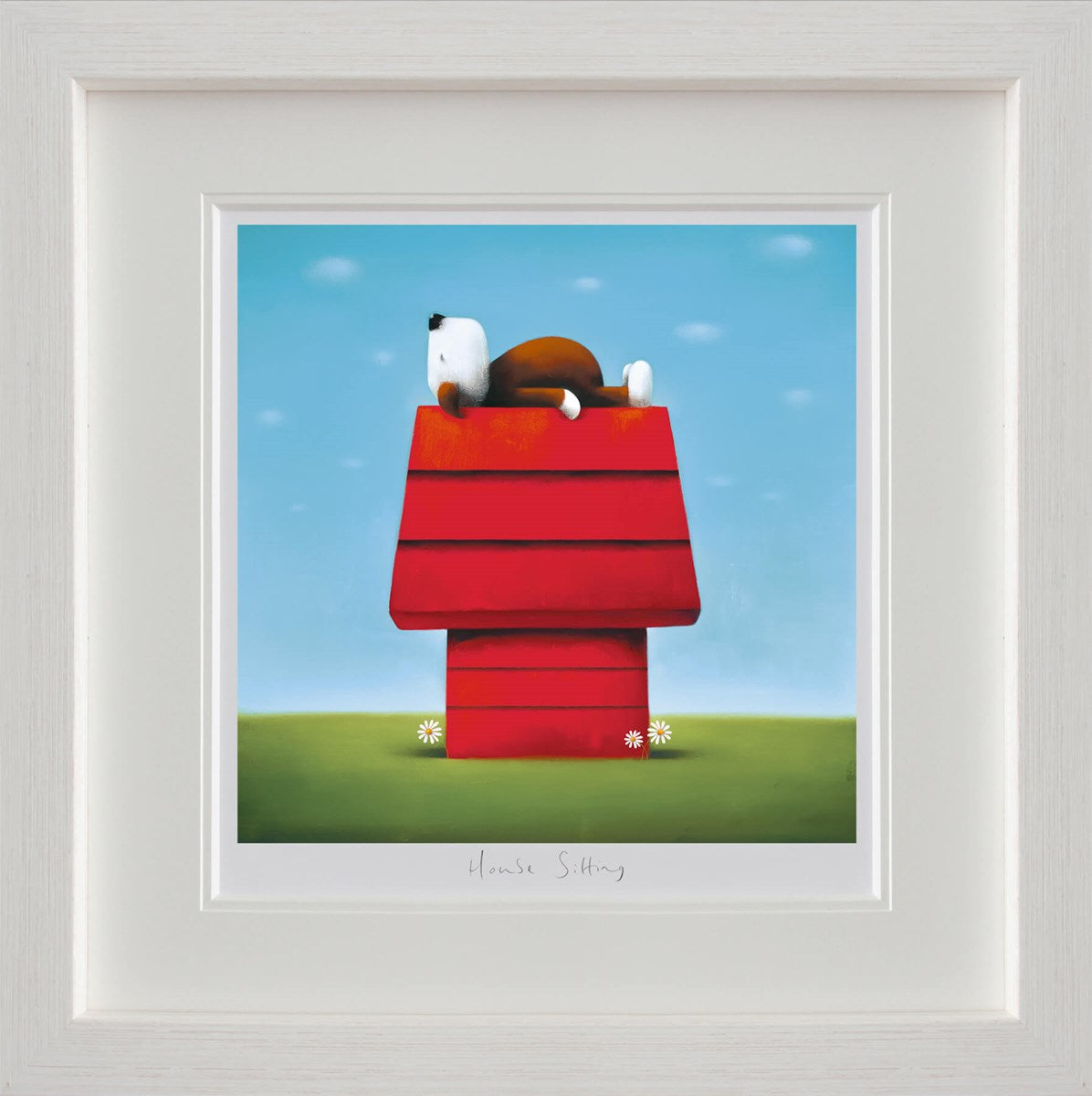 A brilliant House-Sitting framed print by Doug Hyde with the dog asleep 'Snoopy style' on the roof. Available from The Acorn Gallery in Pocklington with secure delivery across the UK. Visit us or shop online or call us on 01759 307652.