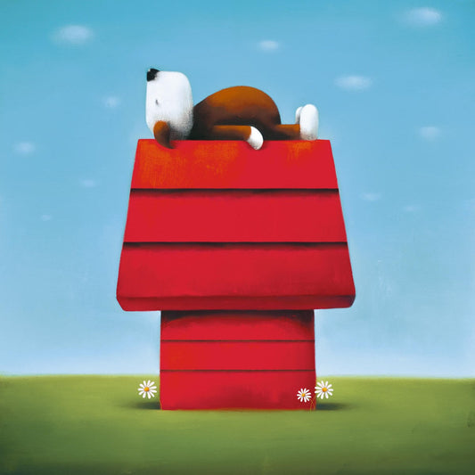 A brilliant House-Sitting framed print by Doug Hyde with the dog asleep 'Snoopy style' on the roof. Available from The Acorn Gallery in Pocklington with secure delivery across the UK. Visit us or shop online or call us on 01759 307652.