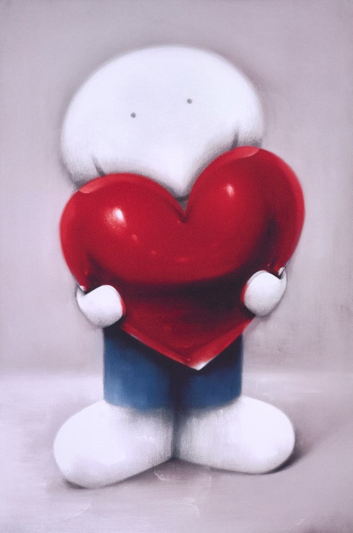 Loved Up framed print by Doug Hyde showing a person holding a big red heart ready to fill your world with love. Available now at The Acorn Gallery in Pocklington with secure delivery across the UK. Visit us or shop online or call us on 01759 307652.