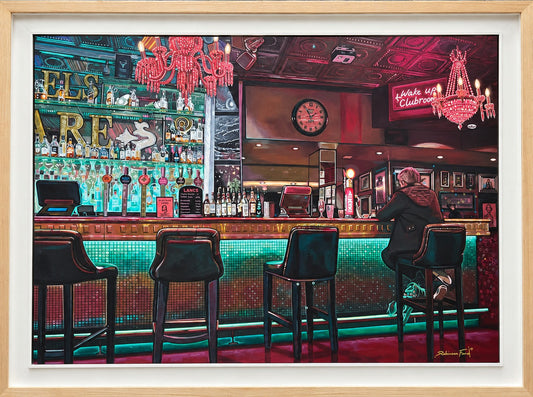 Original acrylic on canvas bar painting by Daniel Robinson Ford, featuring neon reds, turquoise, bottles and seated patron