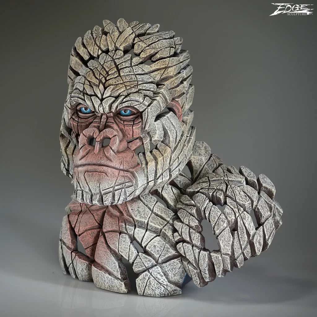 Angle view of the Mountain Gorilla Bust in White by EDGE Sculpture code EDB36W. Available at The Acorn Gallery in Pocklington. Shop in store or order online. Delivery is available. Official stockist.