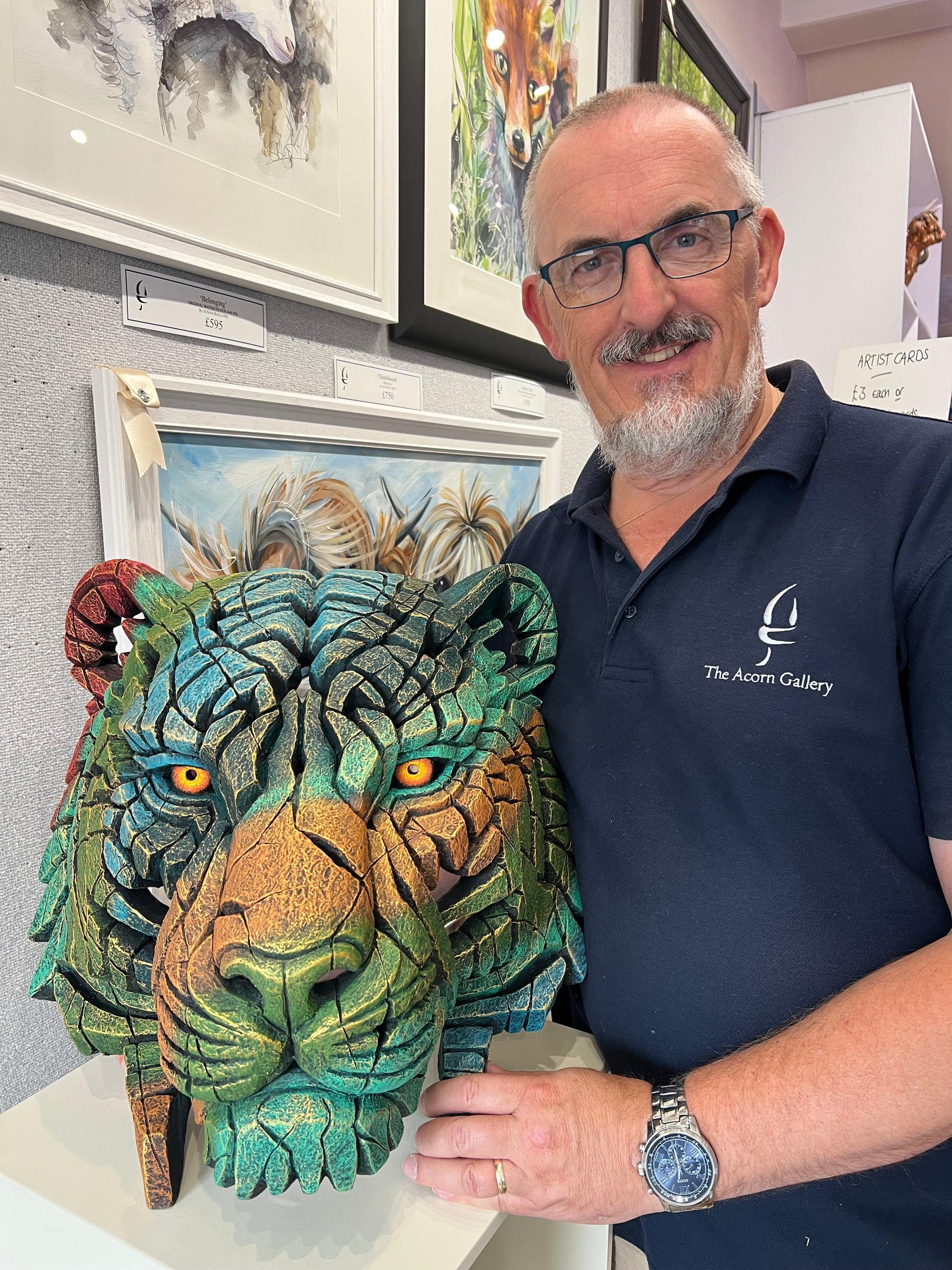 The new Jungle Hunter time limited edition from EDGE Sculpture is now available at The Acorn Gallery shown here with gallery owner John Wass. Shop online or call 01759 307652. 