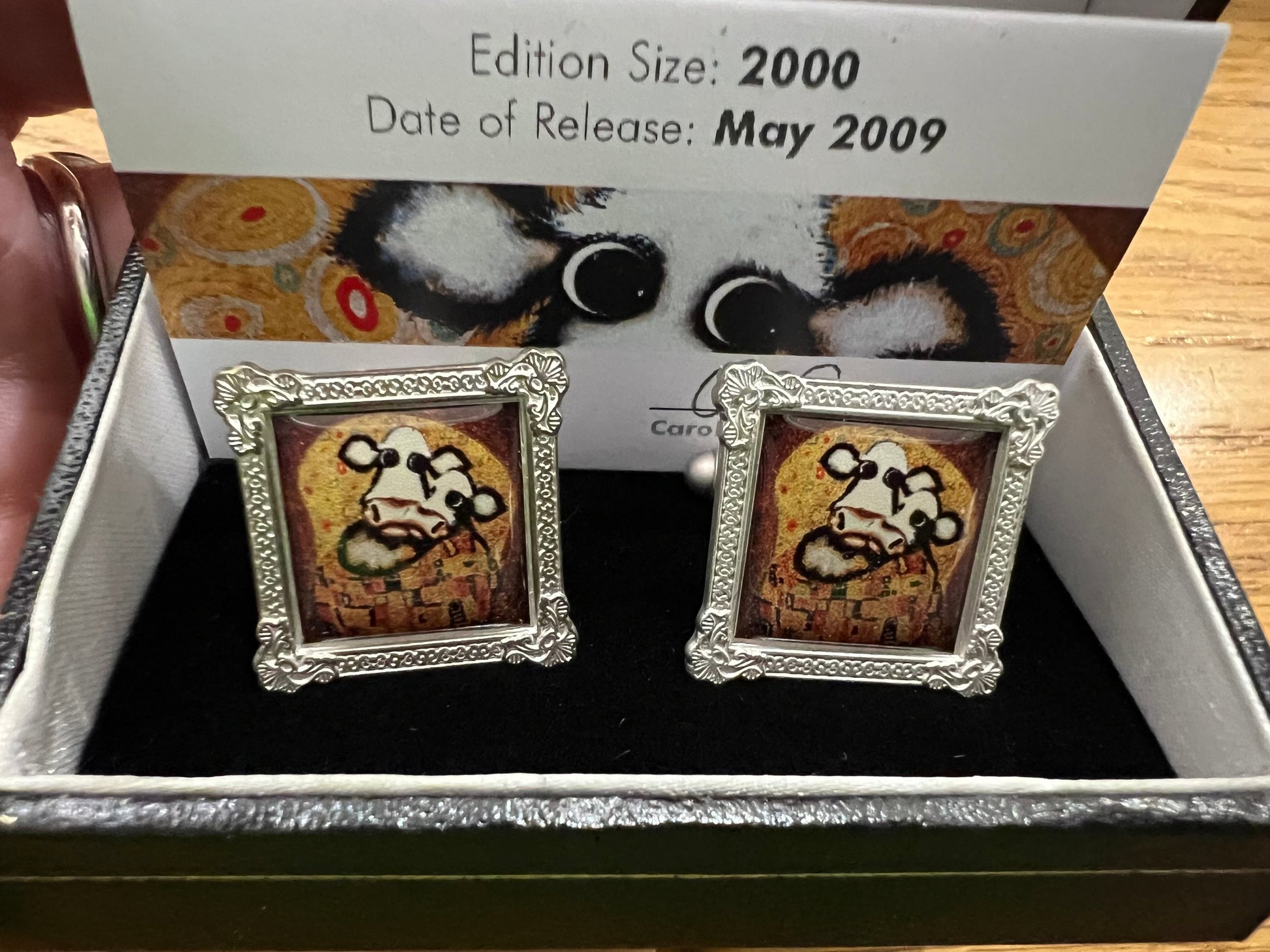 Caroline Shotton Cufflinks, Set of 4. Includes The Laughing Cowvalier, Cow With a Pearl Earring, Moona Lisa, The Smooch. Available at The Acorn Gallery in Pocklington. Call 01759 307652
