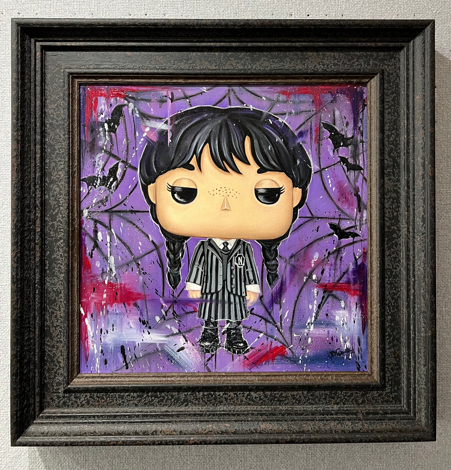 Wednesday Addams Original by Deborah Cauchi at The Acorn Gallery. Brilliant Toy Paintings by this North East artist. Secure UK Delivery. Visit Us or Shop Online.