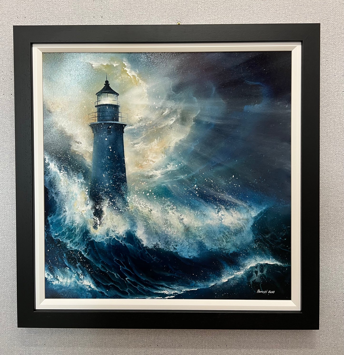 Hamish Herd Storm Defiance Lighthouse Original Painting available from The Acorn Gallery, Pocklington. Shop online or call us on 01759 307652.