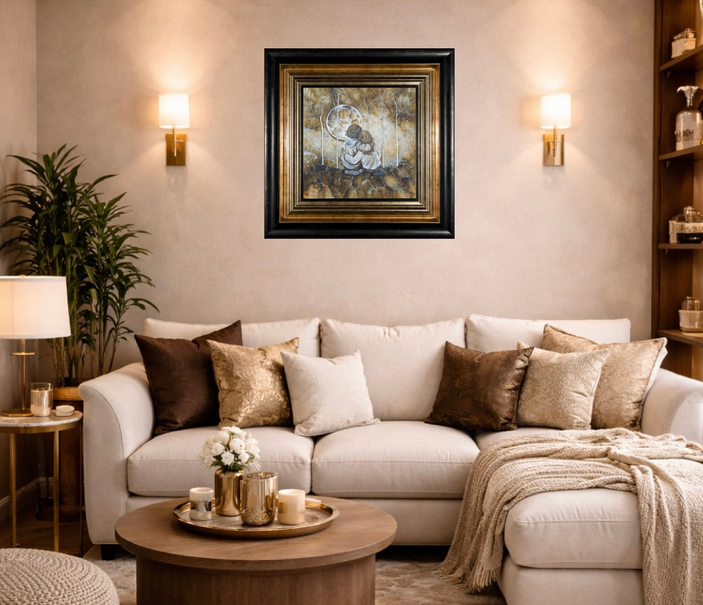 A beautiful neutral themed snug seating living room style area with a apinting on the wall titled My Best Friend in a black frame by artist Kerry Darlington, showing best friends gazing at the moon. Available framed at The Acorn Gallery, Pocklington. Visit us or call 01759 307652. 